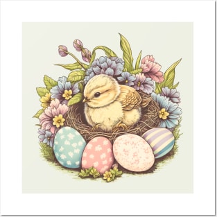 Cute Chick Floral Vintage Painted Egg Easter Posters and Art